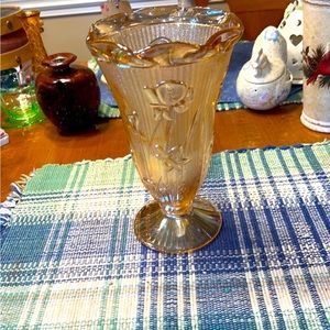 Iris and Herringbone Vase, vintage marigold peach gold iridescent carnival glass
